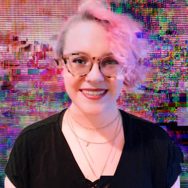 Headshot of Crystal Beiersdorfer with glitched background. 