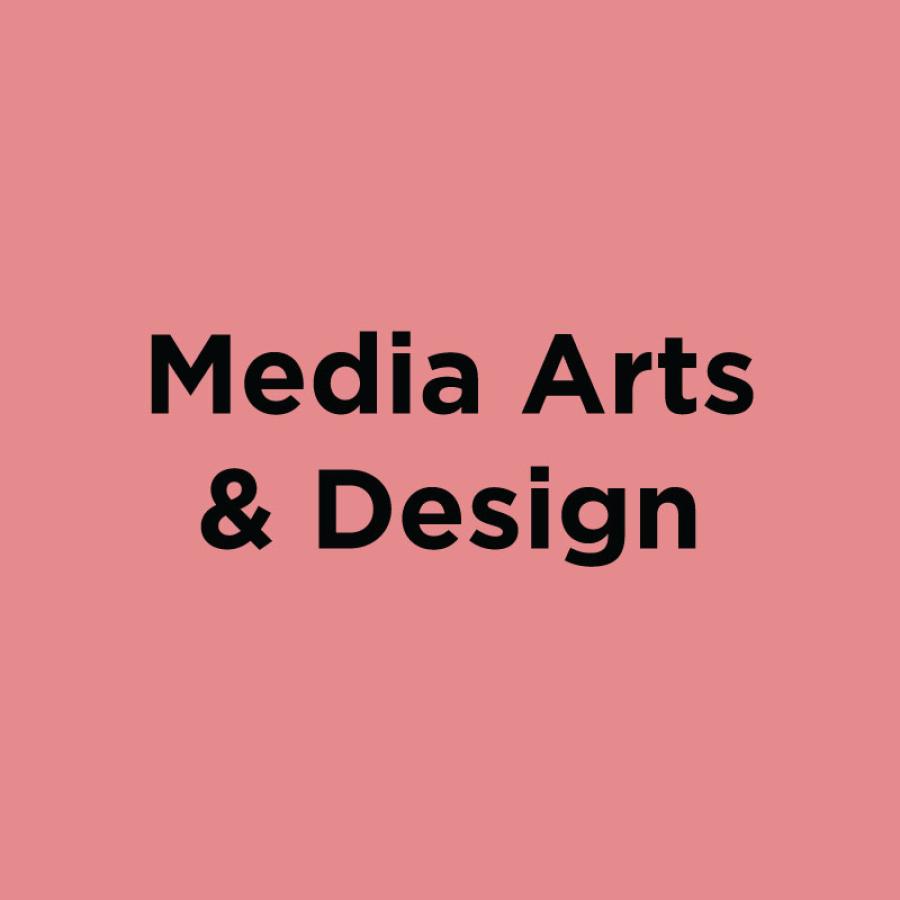 Pink square with black text that says Media Arts & Design.