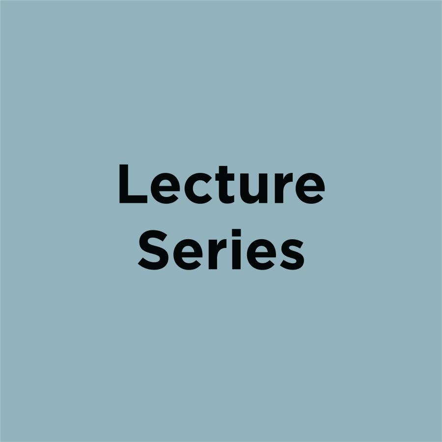 Blue square with black text that says Lecture Series